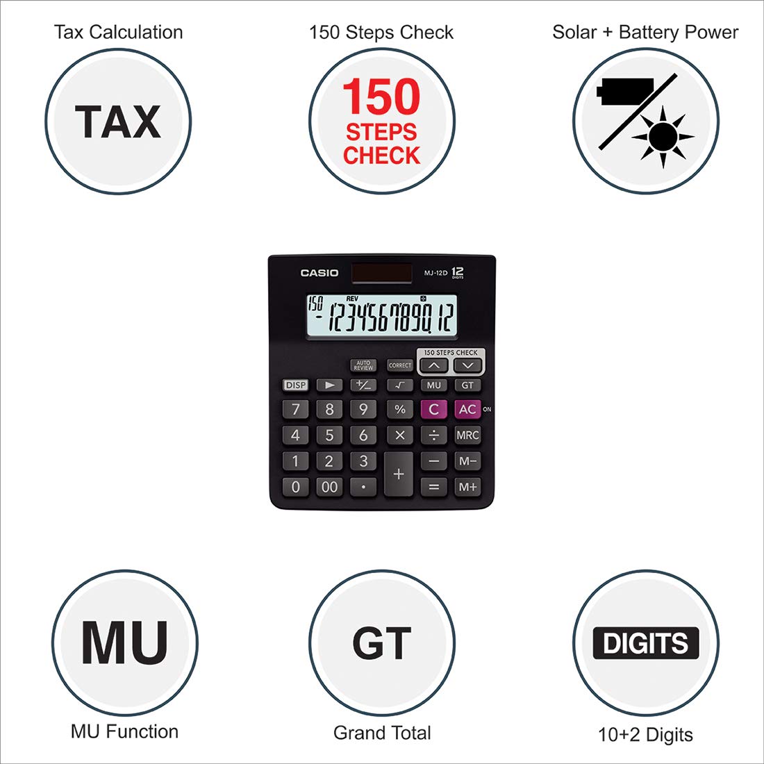 Casio MJ-12D 150 Steps Check and Correct Desktop Financial Calculator, Black - Image 2