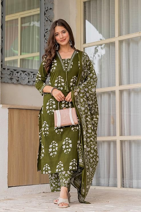 PARTHVI Women's Pure Cotton Printed Straight Kurta Set with Palazzo Pants & Dupatta- Ethnic Wear, Green - Image 3