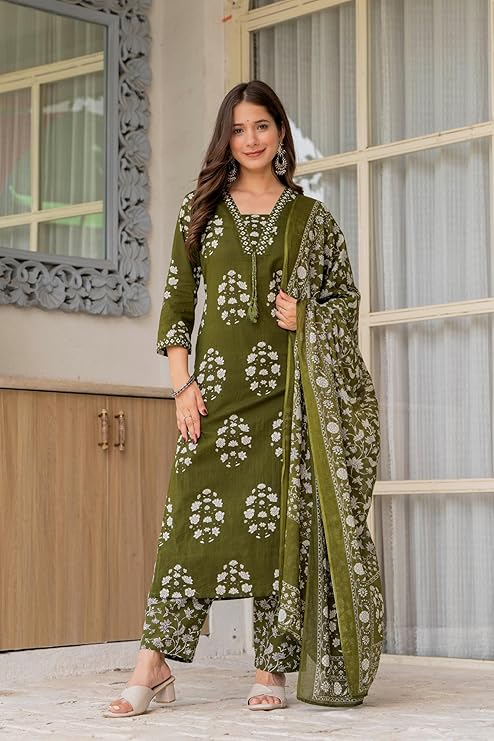 PARTHVI Women's Pure Cotton Printed Straight Kurta Set with Palazzo Pants & Dupatta- Ethnic Wear, Green - Image 2